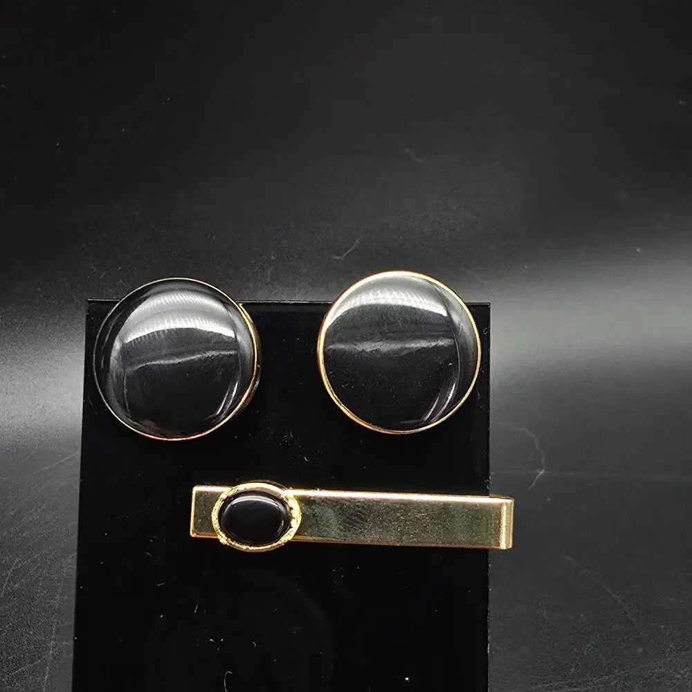 Gold Tone Black Enamel Round Cufflinks Tie Clip Tie Bar Set